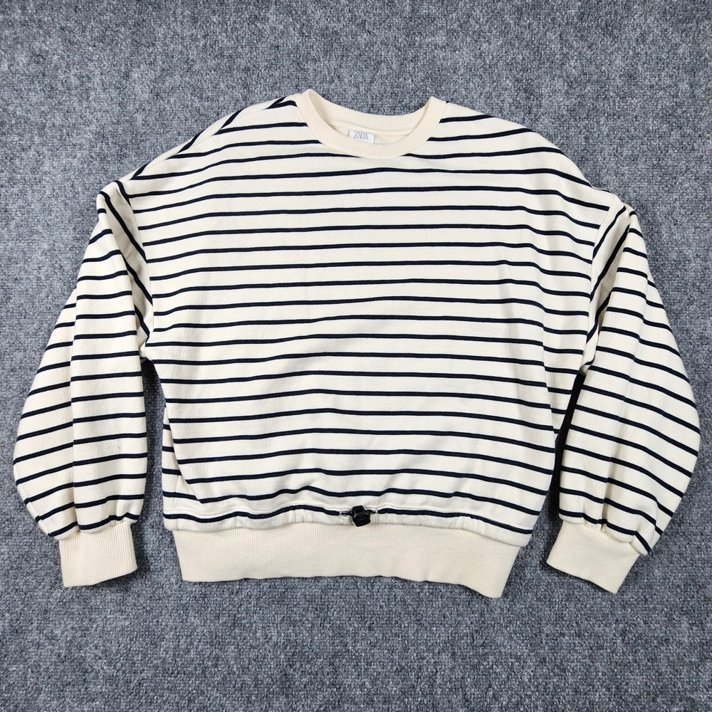 Zara Striped Sweatshirt Womens XS Cream Navy Blue Drawstring Hem Pullover Top